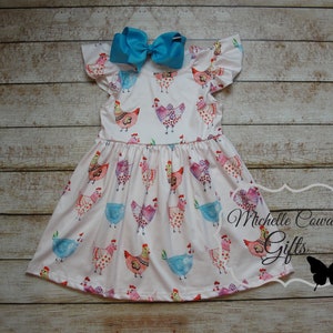 Girls Chicken Dress, Girls Summer Dress, Milk Sleeve Flutter Sleeve Dress, Twirl Dress, Girls Toddler 12M 18M 24M 2T 3T 4T 5/6, 6/7 7/8, RTS Dress w Bow