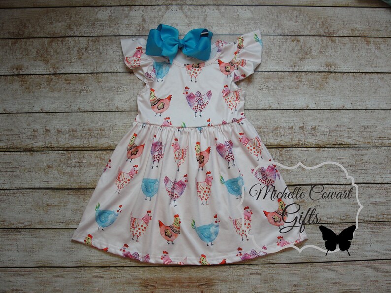 Girls Chicken Dress, Girls Summer Dress, Milk Sleeve Flutter Sleeve Dress, Twirl Dress, Girls Toddler 12M 18M 24M 2T 3T 4T 5/6, 6/7 7/8, RTS Dress w Bow