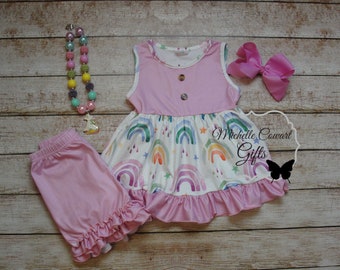 Girls Pink Rainbow Short Outfit, 6M 9M 12M 18M 2T 3T 4T 5 6 7 8 Girls Outfit, Girls Summer Outfit, Girls School Outfit, RTS, Free Shipping