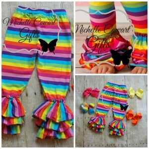 Girls Pants Rainbow Stripe Triple Ruffle Pants Rainbow Bells Leggings 6M 9M 12M 18M 2T 3T 4T 5 6 7 8 Girls Toddlers Rainbow Bright RTS image 2
