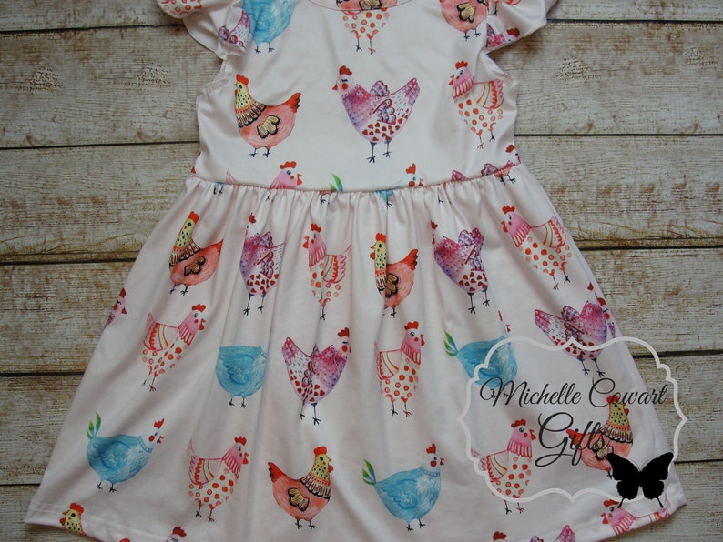 Girls Chicken Dress, Girls Summer Dress, Milk Sleeve Flutter Sleeve Dress, Twirl Dress, Girls Toddler 12M 18M 24M 2T 3T 4T 5/6, 6/7 7/8, RTS image 5