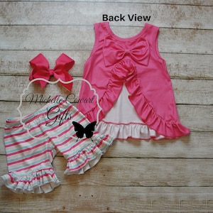 Girls Pink Bow Back Short Outfit, 6M 9M 12M 18M 2T 3T 4T 5 6 7 8 Girls Outfit, Girls Summer Outfit, Girls School Outfit, RTS, Free Shipping image 4