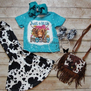 Girls Just a little Moody Outfit, Girls Bleached Look Moody Shirt, Girls Cow Outfit, Girls Birthday Outfit, 12M 18M 24M 2T 3T 4T 5/6 6/7 7/8