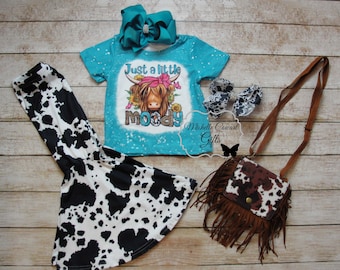Girls Just a little Moody Outfit, Girls Bleached Look Moody Shirt, Girls Cow Outfit, Girls Birthday Outfit, 12M 18M 24M 2T 3T 4T 5/6 6/7 7/8