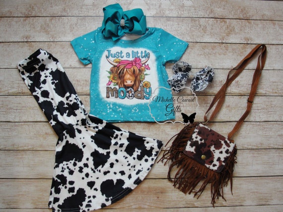 Girls Just a little Moody Outfit, Girls Bleached Look Moody Shirt, Girls Cow Outfit, Girls Birthday Outfit, 12M 18M 24M 2T 3T 4T 5/6 6/7 7/8