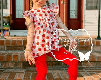 Girls Strawberry Outfit, Girls Strawberry Set, Girls Summer Outfit, Girls Red Outfit, Leggings, 12M, 18M, 24M, 2T, 3T, 4T, 5, 6, 7, 8, RTS