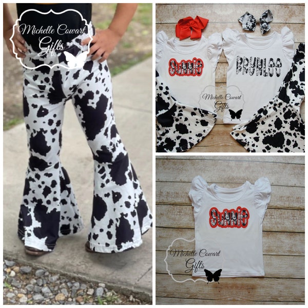 Cow Shirt, Cow Personalized Shirt, Girls Cow Pants, Cow Print Bell Bottoms, Farm Theme Birthday, RTS, Farm Outfit, 12M 18M 24M 2T 3T 4T 5/6