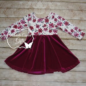 Girls Valentine Dress, 12M, 18M, 24M, 2T, 3T, 6/7, Velvet Dress, Floral Dress, Girls Burgundy Dress, Toddler Valentine Dress,