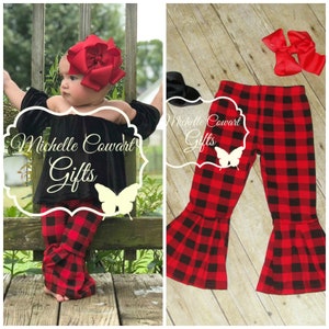 Girls Buffalo Plaid Pants, Girls Bells Red Black Triple Ruffle Pants Bells Leggings 3M, 6M, 9M, 12M, 18M, 2, 3, 4, 5, 6, 7, 8 10 RTS