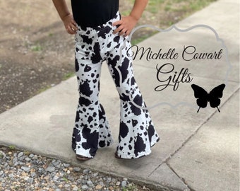 Girls Cow Pants, Cow Print Bell Bottoms, Cow Birthday Pants, Farm Theme Birthday, chick-fil-a pants, 12M 18M 2T 3T 4T 5 6, 7, 8, Farm Outfit