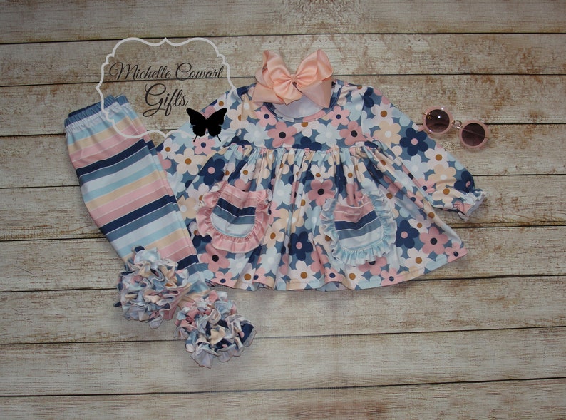 Girl Blue Stripe Outfit, Girls Fall Outfit, Toddler, 12M, 18M, 24M, 2T, 3T, 4T, 5, 6, 7, 8, 10, 12, 14, RTS, Girls Winter Outfit, School bild 9