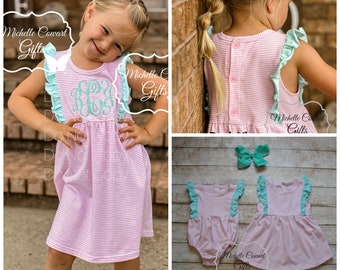 Matching Sibling Set, Girls Pink Dress, Girls Pink Romper, Girls Pink Bubble, NB 3M 6M 12M 18M 2T 3T 4T 5 6 7 8 10 12, Matching Sister Set