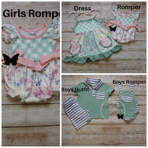 May include: A collage of four images showcasing children's clothing. The top left image shows a green and white gingham dress with a pink bow. The top right image shows a green and white gingham dress with a floral print. The bottom left image shows a green and white striped pants and a green shirt. The bottom right image shows a green and white gingham romper with a floral print.