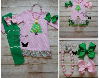 Christmas Outfit, Christmas Romper, Girls Romper, Matching Christmas Siblings Set, Sister Matching Outfit, Matching Set, Pink, Green, RTS