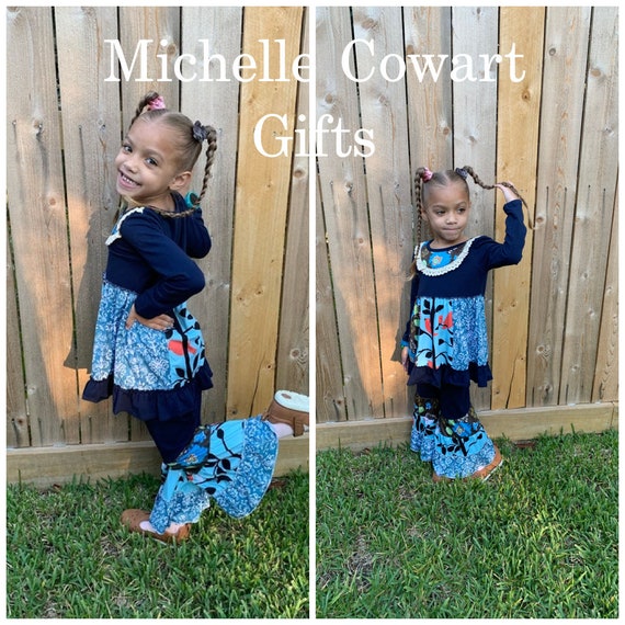 MichelleCowartGifts Girls Navy Outfit 9M 12M 18M 2T 3T 4T 5/6 6/7 7/8 8/9 10 12 14 Girls Outfit School Girls Toddler Matilda Jane RTS Gift Girls Blue Outfit