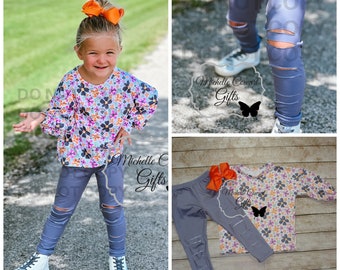 Girls Fall Outfit, Girl Floral Outfit - Toddler Floral Outfit - Distressed Leggings - Leggings Set Demin Look Leggings Girls Outfit Toddler
