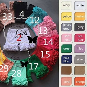 May include: A variety of ruffle-trimmed shorts in different colors, numbered 2 through 33. A color chart with 30 different colors is shown on the right side of the image. The color chart is labeled with the color names and numbers 1 through 30.