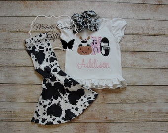 One Cow Birthday Shirt, Two Cow Birthday Outfit, Three, Four, Girls Cow Pants, Cow Print Bell Bottoms, Farm Theme Birthday, RTS, Farm Outfit