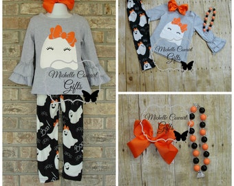 Girls Boo Ghost Set, Girls Halloween Outfit, Personalized, 12M/18M, 2T, 3T, 5, 7, Girls, RTS, Halloween Set, Bow, Necklace, Ruffle, On Sale