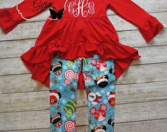 Girls Disney Christmas, Christmas Leggings Set, Personalized Monogrammed Outfit 12M, 18M, 24M, 2T, 3T, 4T, 5, 6, 7, 8, Toddler Hi Low Top