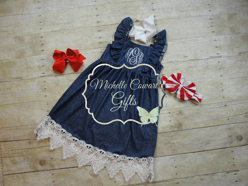 Monogrammed Dress Denim & Lace Dress, Denim Dress, 12M 18M 2T 3T 4T 5 6 7 8 10 12, Girls Fall Dress, Wedding, Cowgirl Dress, Father Dance image 6