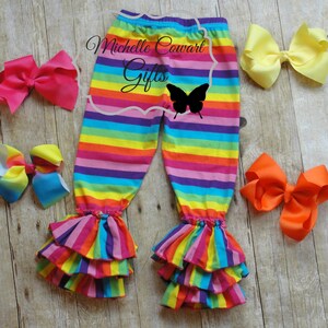 Girls Pants Rainbow Stripe Triple Ruffle Pants Rainbow Bells Leggings 6M 9M 12M 18M 2T 3T 4T 5 6 7 8 Girls Toddlers Rainbow Bright RTS image 5