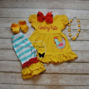 Girls Chicken Outfit, Girls Chicken Set, Personalized Embroidery, Monogrammed Toddler 18M 24M 2T 3T 4T 5 6 7 8 FFA 4-H Farm Girl Outfit