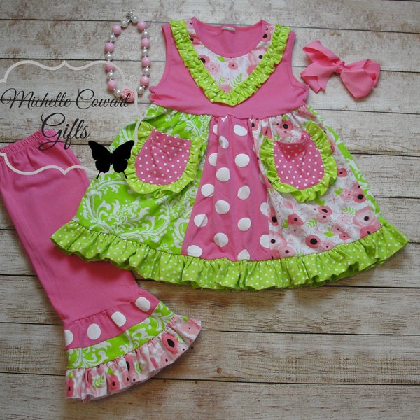 Pink Lime Capri Summer Set Girls Toddler 9M, 12M, 5/6, 7, 8, Beach Outfit, Back to School Outfit, Birthday Set, Ruffle Set Ruffle Outfit