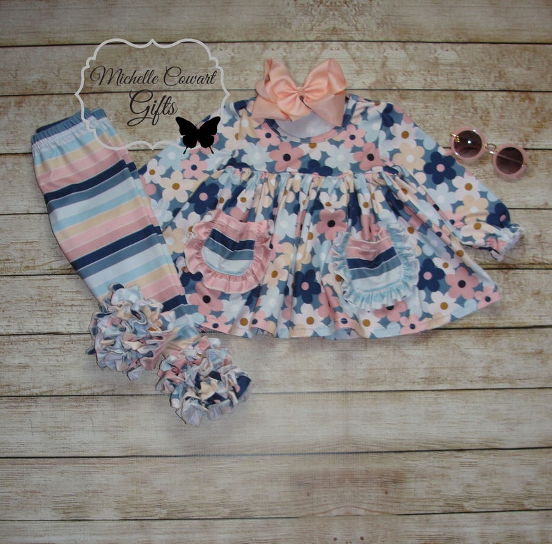 Girl Blue Stripe Outfit, Girls Fall Outfit, Toddler, 12M, 18M, 24M, 2T, 3T, 4T, 5, 6, 7, 8, 10, 12, 14, RTS, Girls Winter Outfit, School bild 8