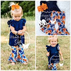 Girl Floral Outfit, Girls Summer Outfit, Girls Orange Outfit, Toddler, Monogram Outfit 18M 24M 3T 4T 5 8 RTS Flair Pants Bell Bottoms