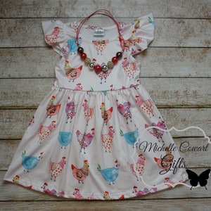 Girls Chicken Dress, Girls Summer Dress, Milk Sleeve Flutter Sleeve Dress, Twirl Dress, Girls Toddler 12M 18M 24M 2T 3T 4T 5/6, 6/7 7/8, RTS Dress W Necklace