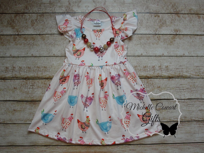 Girls Chicken Dress, Girls Summer Dress, Milk Sleeve Flutter Sleeve Dress, Twirl Dress, Girls Toddler 12M 18M 24M 2T 3T 4T 5/6, 6/7 7/8, RTS Dress W Necklace