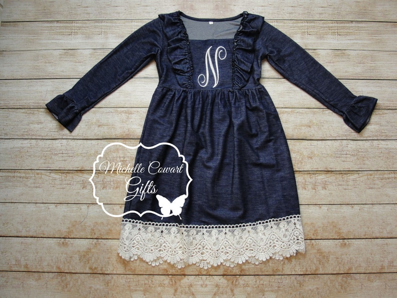 Monogrammed Dress Denim & Lace Dress, Denim Dress, 12M 18M 2T 3T 4T 5 6 7 8 10 12, Girls Fall Dress, Wedding, Cowgirl Dress, Father Dance image 4