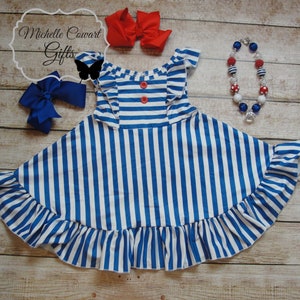 Girls Blue White Dress, Girls Summer Dress, Milk Sleeve Flutter Sleeve Dress, Twirl Dress, Girls Toddler 12M 18M 24M 2 3 4 5 6 7 8 9 Beach