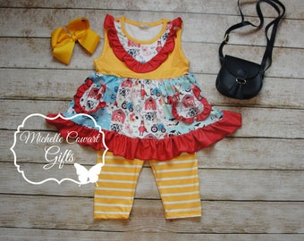 Girls Farm Capri Set, 12M 18/24M 2/3 3/4 6/7 7/8 Girls Farm Birthday Outfit, Farm Girl Outfit, Cow, Pig, Red Barn, Yellow, Red Set, RTS