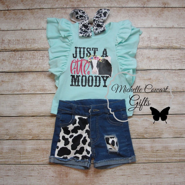 Girls Just a little Moody Outfit, Distressed Cow Jean Shorts, Girls Cow Outfit, Girls Birthday Outfit, 12M, 18M, 24M, 2T 3T 4T 5 6 7 8 9