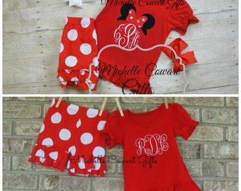 Monogram Short Outfit, Birthday Outfit, Shorties Set, Red Ruffle, Minnie Mouse, 12M, 18M, 2T, 3T, 4T, 5, 6, 7, 8, 10, Short Set, Disney Trip