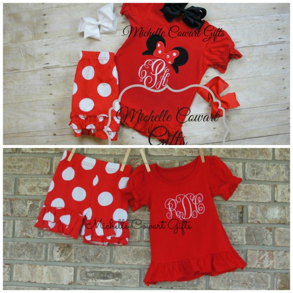 Monogram Short Outfit, Birthday Outfit, Shorties Set, Red Ruffle, Minnie Mouse, 12M, 18M, 2T, 3T, 4T, 5, 6, 7, 8, 10, Short Set, Disney Trip