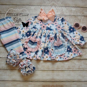Girl Blue Stripe Outfit, Girls Fall Outfit, Toddler, 12M, 18M, 24M, 2T, 3T, 4T, 5, 6, 7, 8, 10, 12, 14, RTS, Girls Winter Outfit, School bild 5