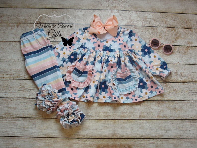 Girl Blue Stripe Outfit, Girls Fall Outfit, Toddler, 12M, 18M, 24M, 2T, 3T, 4T, 5, 6, 7, 8, 10, 12, 14, RTS, Girls Winter Outfit, School bild 5