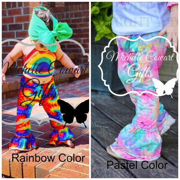 Girls Tie Dye Pants, Triple Ruffle Pants, Rainbow Pastel Pants Bells Leggings 6M 9M 12M 18M 2T 3T 4T 5 6 7 8 10 12 Girls Toddlers Belles