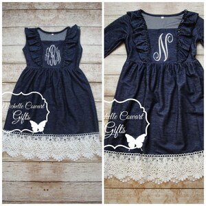 Monogrammed Dress Denim & Lace Dress, Denim Dress, 12M 18M 2T 3T 4T 5 6 7 8 10 12, Girls Fall Dress, Wedding, Cowgirl Dress, Father Dance image 2