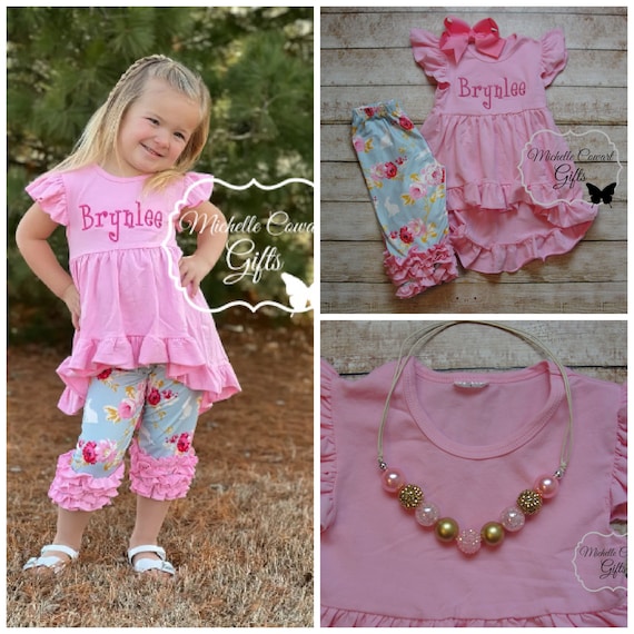 Girls Easter Outfit, Easter Outfit, Easter Set, Girls Hi Low Pink Easter Set, Bunny Set, Personalized Easter, 2T, 3T 4T 5/6 6/7 7/8 RTS Bow