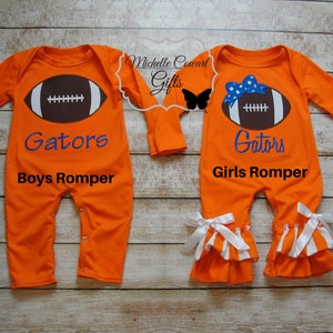 Florida Gators Romper - Gators Football Romper - Baby Football Romper - Orange Football Romper - Gator&#39;s Outfit, Baby Shower Gift, 3M 6M 9M
