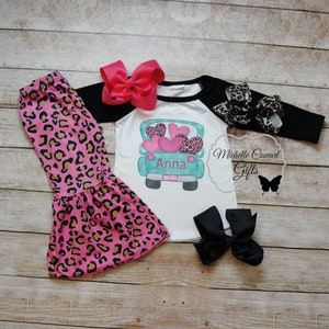 Girls Valentine Outfit, Girls Leopard Bell Flair Pants, Personalized Valentine Outfit, Valentine Truck, RTS,12M 18M 2T 3T 4T 5 6 7 8 9 10 14