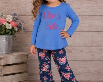 Girls Blue Floral Outfit, Girls Monogram Outfit, Girls Outfit, Toddlers Monogram Outfit, Girls Blue Outfit, Toddlers Blue Outfit, School
