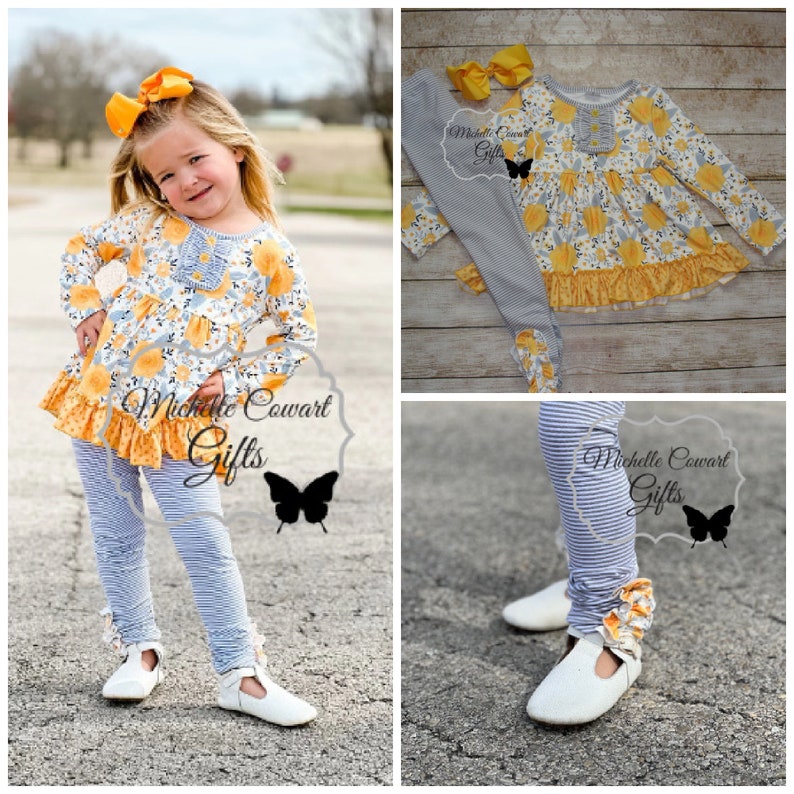 Yellow Outfit, Gray Outfit, Girls Outfit, Girls Winter Outfit, School Set, Girls, Toddler, RTS, 12M, 18M, 2T, 3T, 4T, 5, 6, 7, 8, 10, 12 image 1