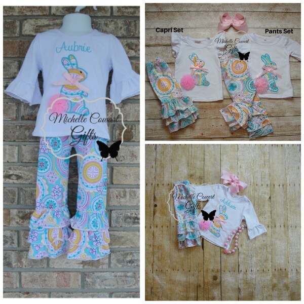 Easter Outfit Personalized Easter Outfit Ruffle Pants Floral Girls Outfit Toddler 9M 12M 18M 2T 3T 4T 5/6 6/7 7/8 8/9 10 12 14 Capri's Pants