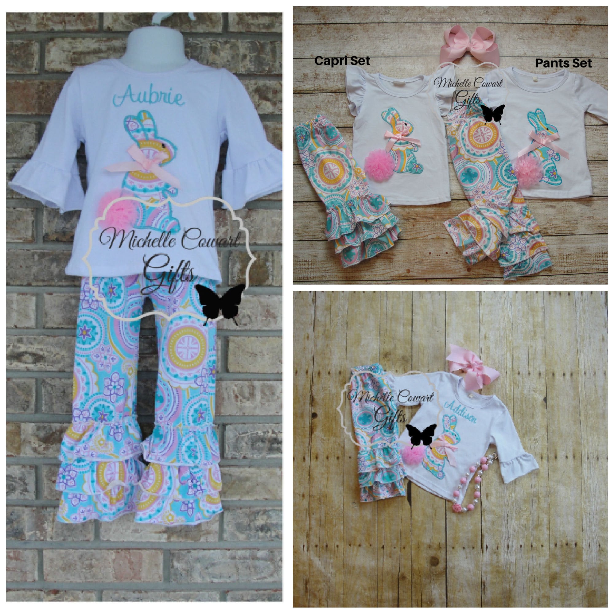 Easter Outfit Personalized Easter Outfit Ruffle Pants Floral Girls Outfit  Toddler 9M 12M 18M 2T 3T 4T 5/6 6/7 7/8 8/9 10 12 14 Capri's Pants 