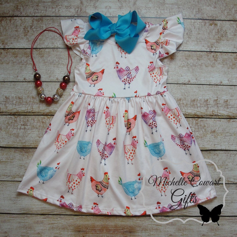 Girls Chicken Dress, Girls Summer Dress, Milk Sleeve Flutter Sleeve Dress, Twirl Dress, Girls Toddler 12M 18M 24M 2T 3T 4T 5/6, 6/7 7/8, RTS image 8